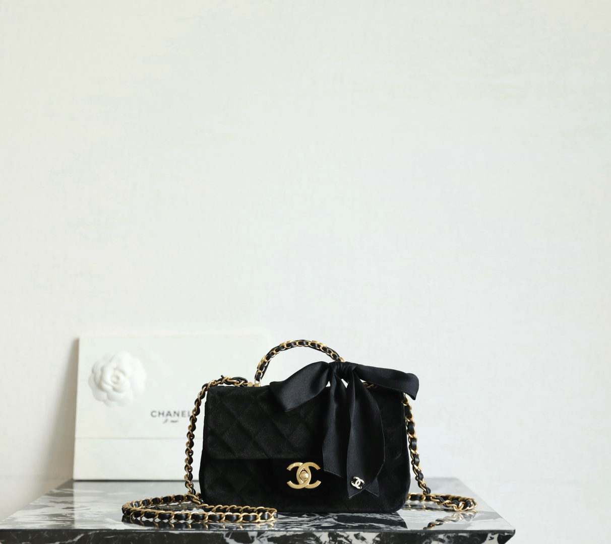 Black Velvet Classic Flap Bag with Chain